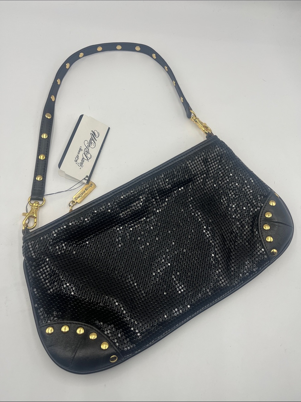 Whiting & Davis Black Metal Mesh Bag with Gold Studs